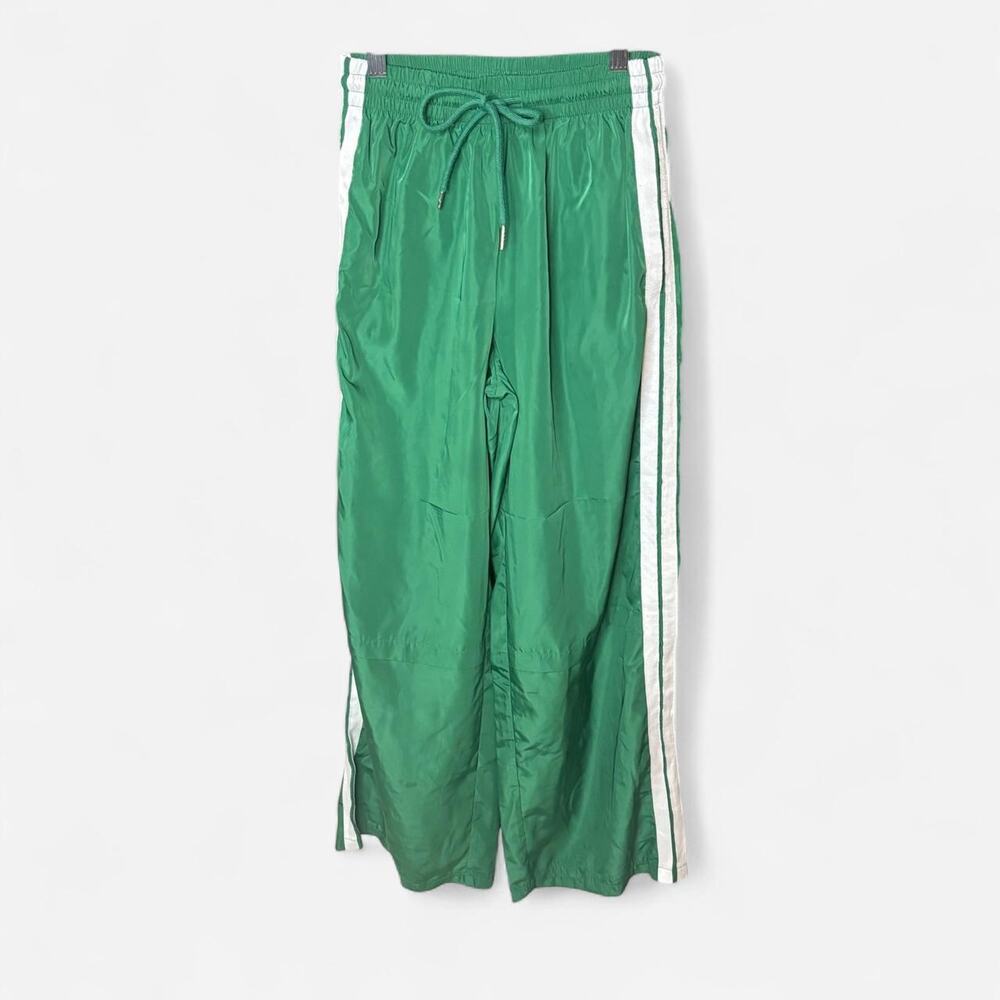 Edikted Green Nylon Side-Stripe Wide Leg Parachute Track Pants XS